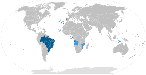 Mapa mundial del idioma portugués según su estatus de lengua nativa, oficial o cultural