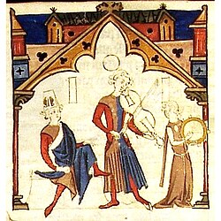Miniatura medieval del Cancionero de Ajuda que representa a un grupo de músicos tocando instrumentos de época.