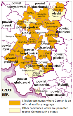 Mapa que muestra el alemán como lengua auxiliar oficial en 22 municipios de la parte polaca de Silesia