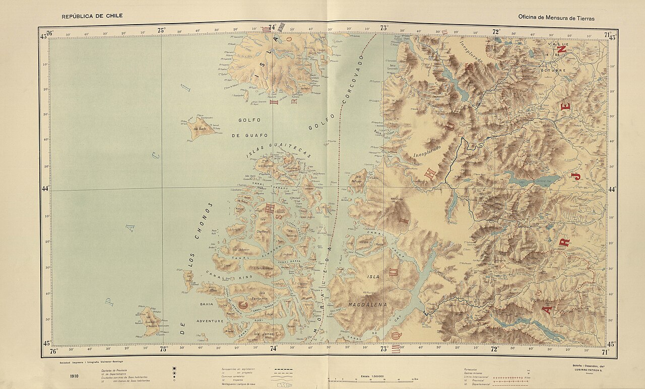 Cuenca del río Palena en un mapa histórico de Luis Risopatrón de 1910.