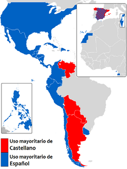 Mapa conceptual y geográfico del uso de las palabras castellano y español.