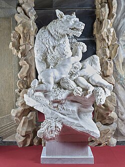Escultura de la loba con Rómulo y Remo realizada por Francesco Biggi en el Palacio Rosso de Génova.