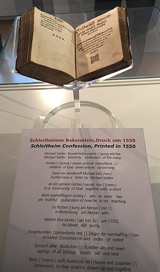 Confesión de Schleitheim impresa en 1550, exhibida en la Sala Anabaptista del Museo de Historia Local en Schleitheim, Suiza.