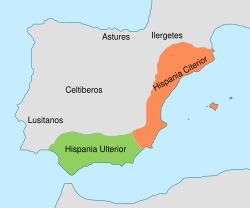 Mapa histórico que muestra la primera división de Hispania en dos provincias: Citerior y Ulterior.