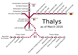 Mapa esquemático de la red ferroviaria de alta velocidad Thalys.
