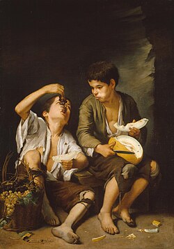 Dos niños comiendo melón y uvas de Murillo
