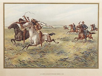 Cromolitografía del siglo XIX representando a la caballería de Estados Unidos