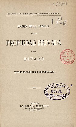 Portada de una edición histórica en español del tratado de Engels.