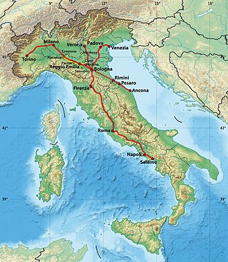 Mapa del itinerario de alta velocidad del Frecciarossa en Italia