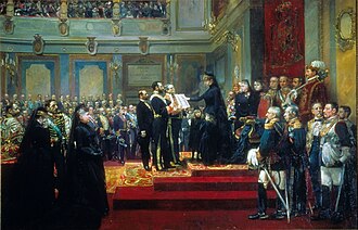 Cuadro que representa la jura de la Constitución de 1876 por María Cristina de Habsburgo-Lorena en el acto de proclamación como regente en diciembre de 1885.