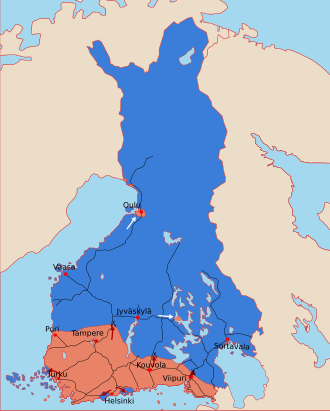 Mapa de los frentes iniciales de la guerra civil finlandesa a comienzos de febrero de 1918.