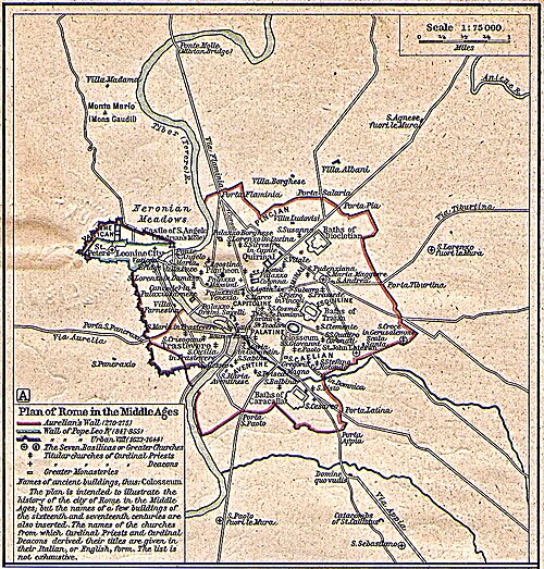 Un plano de la ciudad de Roma en la Edad Media, donde la Ciudad Leonina es visible en la sección superior izquierda