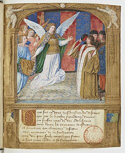 Iluminación medieval con la aparición del arcángel Miguel a Carlos VIII