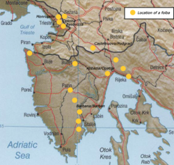 Mapa de las principales foibe en Istria