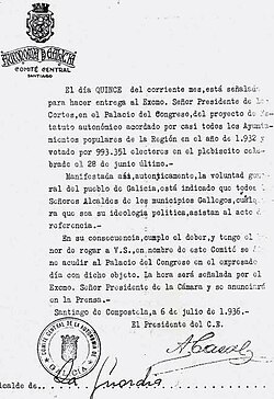 Escrito del proyecto de Estatuto de Galicia de julio de 1936