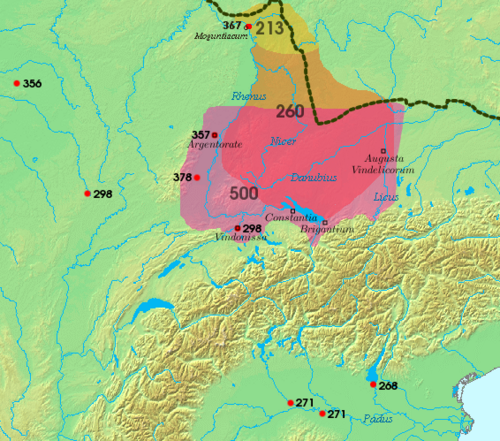 Mapa de la expansión de los alamanes entre los siglos III y VI y lugares fechados de sus enfrentamientos con los romanos