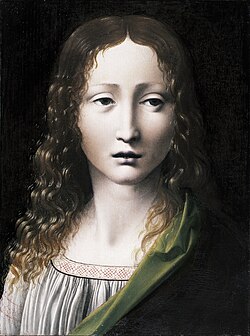 Detalle del cuadro El Salvador joven del círculo de Leonardo da Vinci.