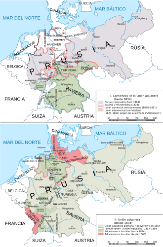 Mapa del Zollverein y la unificación alemana