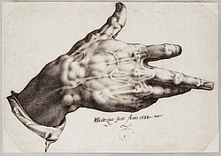 Grabado histórico que muestra la mano lisiada de Hendrick Goltzius en 1588