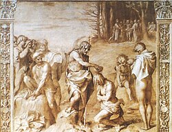 Fresco en grisalla titulado El Bautismo de Cristo por Andrea del Sarto en el Chiostro dello Scalzo