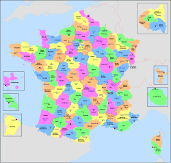 Mapa de los 101 departamentos de Francia.
