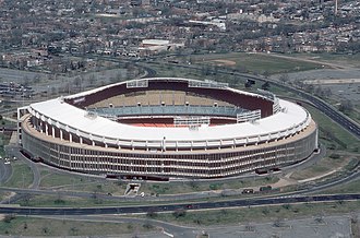 Fotografía aérea del Estadio Conmemorativo Robert F. Kennedy tomada en marzo de 1988