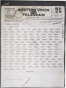 El Telegrama Zimmermann cifrado y enviado por la embajada alemana en Washington a México.