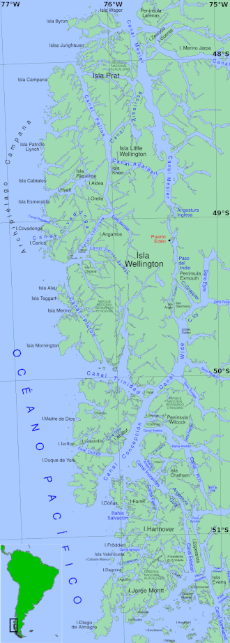Mapa de la región austral de Chile indicando la ubicación insular