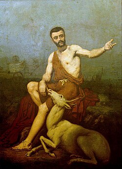 Representación histórica de Sertorio junto a una cierva blanca