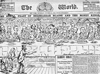 Viñeta política de 1884 que representa a ricos plutócratas en un banquete mientras una familia humilde pide limosna.