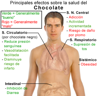 Esquema visual de los principales efectos sobre la salud atribuidos al chocolate.