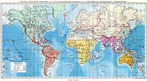Mapa que muestra la distribución de las principales regiones zoogeográficas terrestres.
