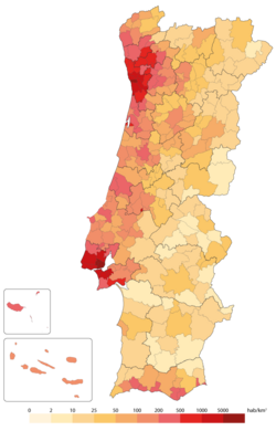 Mapa de densidad de población en Portugal en 2020