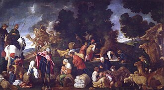 Óleo sobre lienzo titulado Labán da alcance a Jacob conservado en el Museo del Prado.