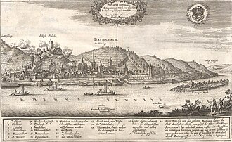 Grabado histórico de la villa de Bacharach por Matthäus Merian el Viejo.