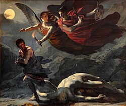 Óleo sobre tela de Pierre Paul Prud'hon titulado Justicia y venganza divina en la búsqueda del crimen.