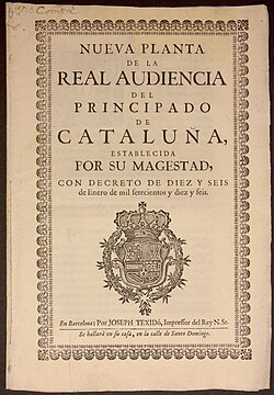 Portada del Decreto de Nueva Planta de Cataluña