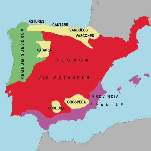 Mapa del Regnum Visigothorum hacia el año 560.