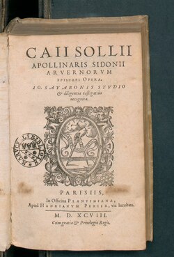 Portada de la obra Opera de Sidonio Apolinar, edición de 1598