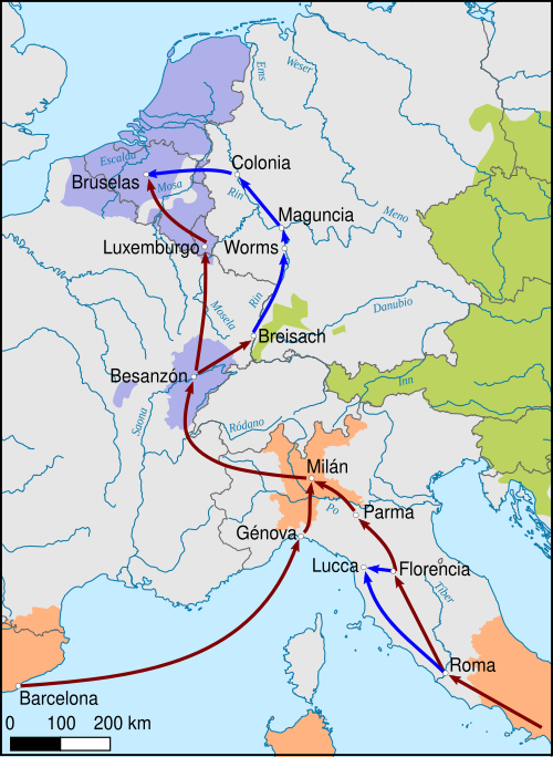 Mapa que muestra las variantes del Camino Español desde Italia hasta Bruselas