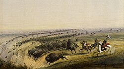 Pintura histórica que representa una escena de caza de bisontes por Alfred Jacob Miller, c. 1860