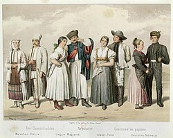 Ilustración de trajes tradicionales de diversas etnias de Hungría en 1855