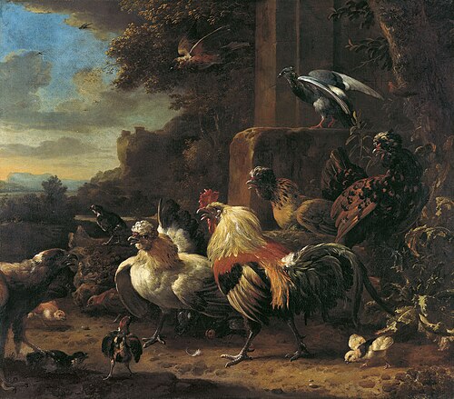 Paisaje con aves de corral, óleo de Melchior d'Hondecoeter