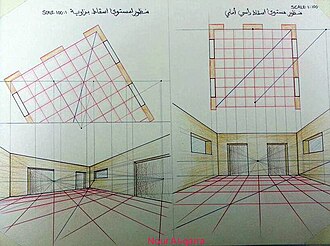 Croquis realizados de manera manual de las perspectivas de una habitación, en los que se aprecian las líneas auxiliares utilizadas