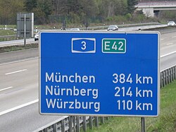Señal de tráfico alemana con nombres de ciudades que incluyen la letra ü