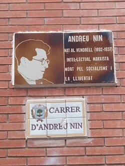 Placa en homenaje a Andreu Nin en El Vendrell