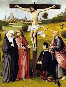 Crucifixión con un donante, obra temprana de El Bosco conservada en Bruselas.