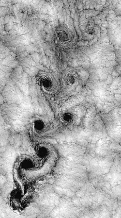 Patrón climático de nubes turbulentas denominado calle de vórtices de Von Kármán.