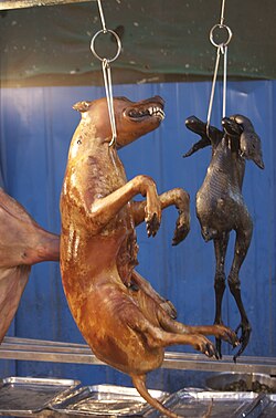 Perro cocinado expuesto para la venta