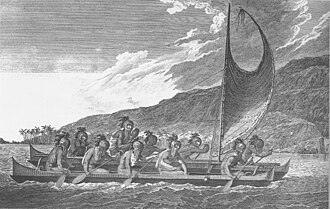 Ilustración histórica de navegantes polinesios de Hawái en catamarán en 1781